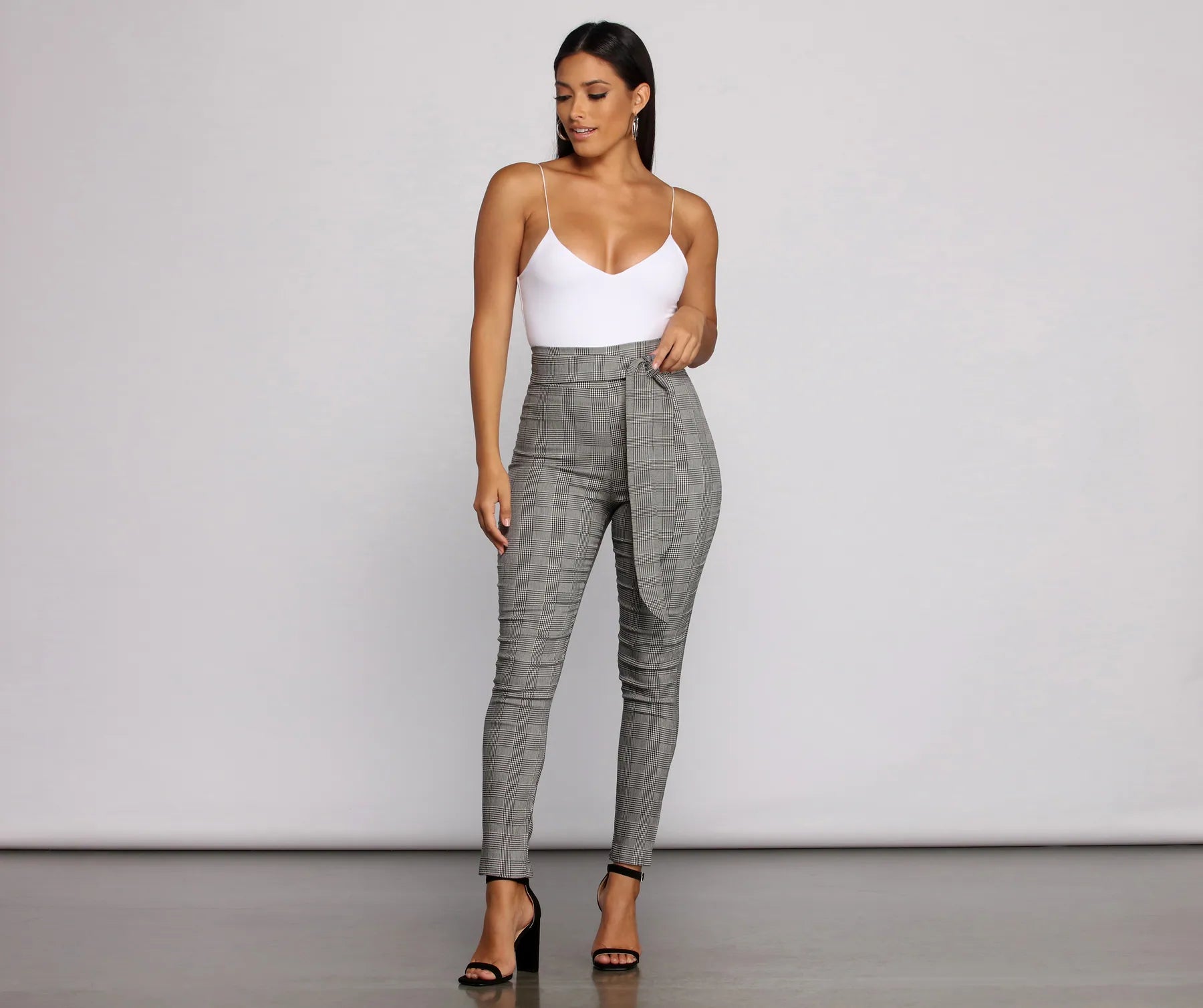 Poised In Plaid Tie Waist Skinny Pants