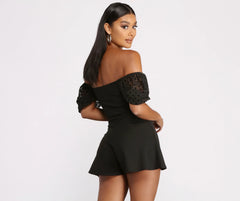 Polka Dot Puff Sleeve Sweetheart Neck Crepe Romper